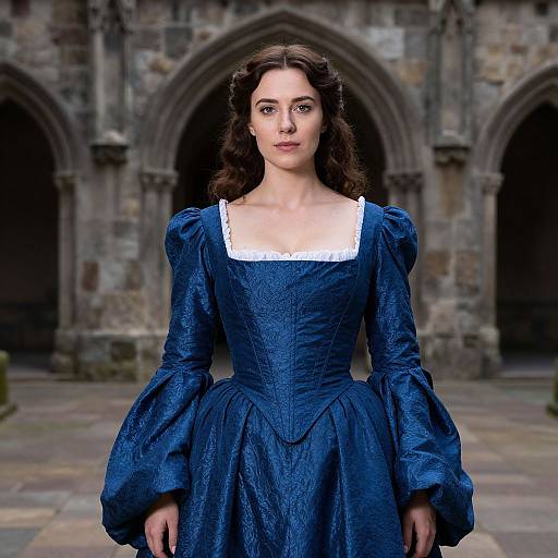 Photograph of a fair-skinned woman with dark wavy hair, wearing a blue Renaissance-style dress with puffed sleeves, standing in front of a