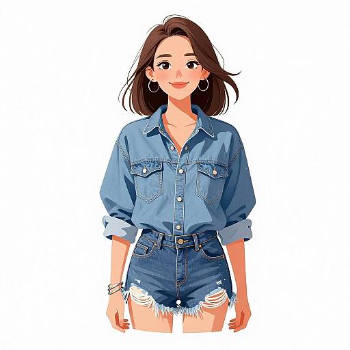 Digital anime-style drawing of a smiling young woman with brown hair, wearing a blue denim shirt and high-waisted, frayed denim shorts.