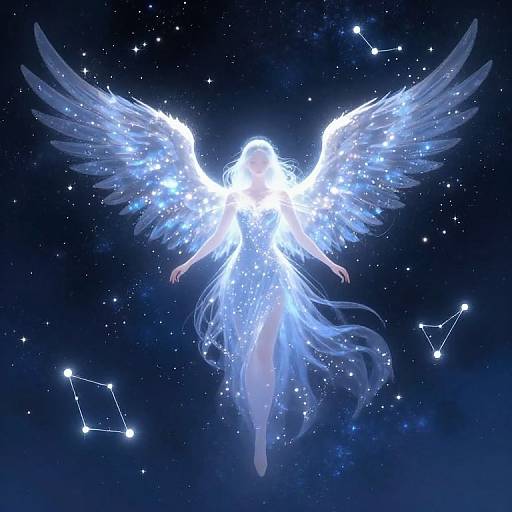 Digital artwork of a glowing, ethereal angel with radiant blue wings, surrounded by sparkling stars and constellations in a dark, cosmic background.