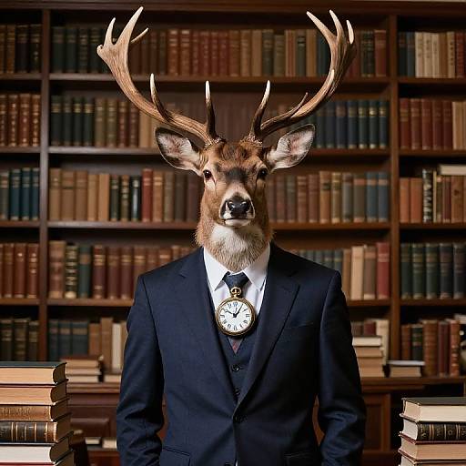 Photograph of a humanoid deer with large antlers, wearing a black suit and tie, standing in front of a bookshelf full of books.