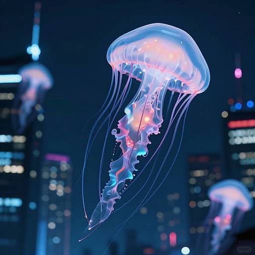 Photograph of a glowing, translucent jellyfish with pink and blue hues, floating in a dark, neon-lit cityscape background.