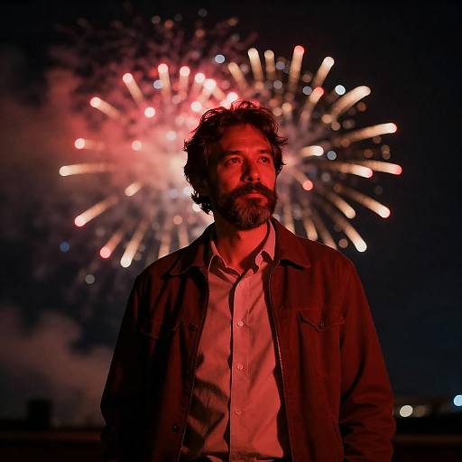 Bearded Man with Fireworks at Night