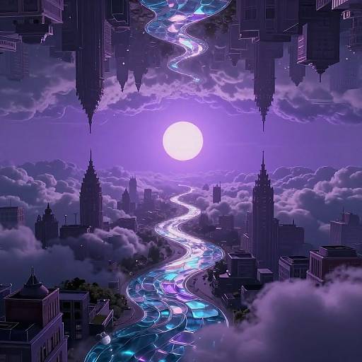 Digital artwork of a futuristic cityscape at night, featuring a glowing purple sun, a winding neon river, and towering skyscrapers surrounded by clouds.