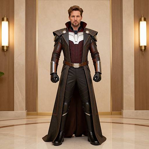 Photograph of a handsome man with short brown hair and beard, wearing a dark, elaborate coat with silver accents, black gloves, and belt, standing