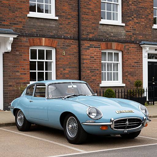 Photograph of a classic, light blue vintage convertible car parked in front of a red-brick building with white-trimmed windows.