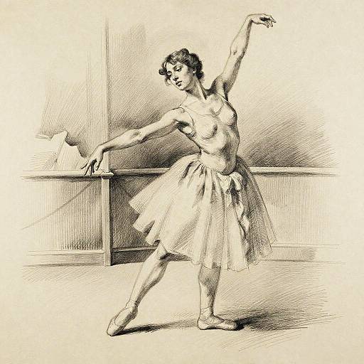 Black-and-white drawing of a ballet dancer in a tutu, standing en pointe with one arm raised, in a minimalist dance studio.