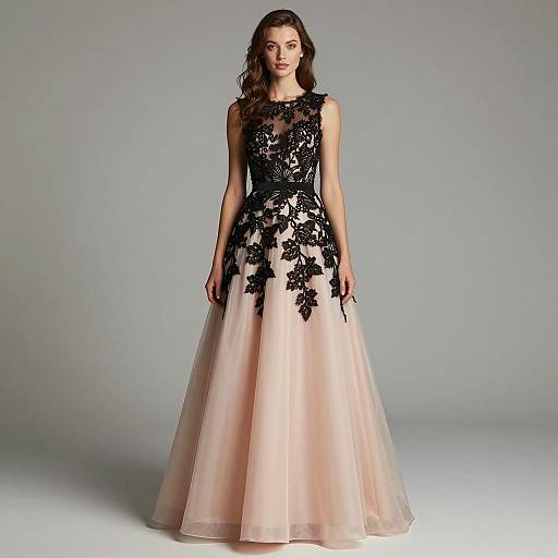 Elegant Pale Peach Ball Gown with Black Lace