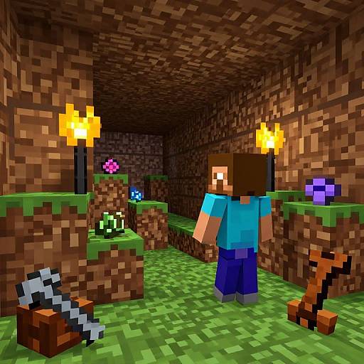 Pixel art of Minecraft character with brown hair, blue shirt, and blue pants, standing in a torch-lit, cave-like stone structure.