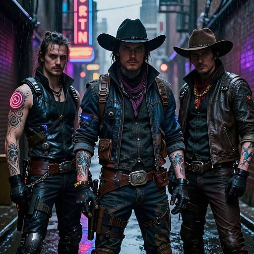 Photograph-style digital art of three heavily tattooed, leather-clad men in cowboy hats, standing in a rain-soaked, neon-lit alley