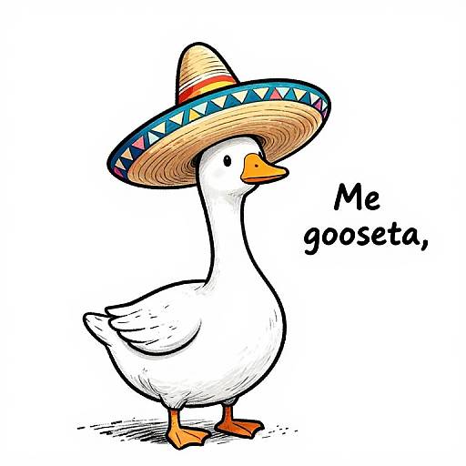 Cartoon white duck wearing a colorful Mexican sombrero with triangular patterns, standing on one orange foot, text 