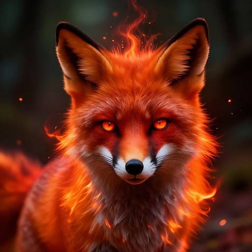 Digital artwork of a fiery red fox with glowing orange eyes, vibrant red fur, and black-tipped ears, set against a dark, blurred forest background
