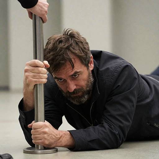 Intense Moment: Man Gripping a Pole