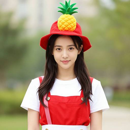 Woman in Red and White with Pineapple Hat