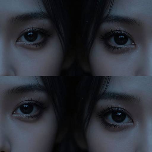 Close-up photograph of an Asian woman's eyes, reflected vertically, in a dark blue, moody lighting. Symmetrical focus on wide, expressive,