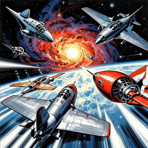 Colorful space battle illustration: seven fighter jets in various colors, soaring through space with a fiery red-orange sun and Earth below. Dynamic, comic-book
