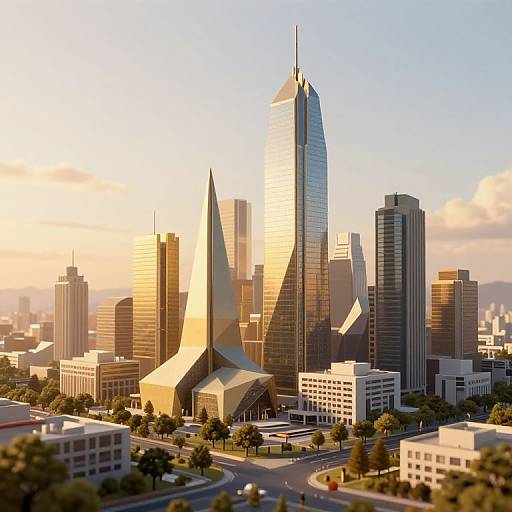 CGI cityscape at sunset, featuring modern skyscrapers with reflective glass and geometric designs, surrounded by smaller buildings and lush greenery.