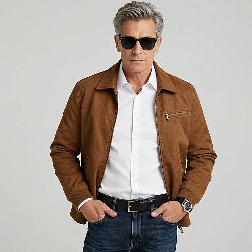 Photograph of a middle-aged man with gray hair, wearing black sunglasses, a brown suede jacket, white shirt, dark jeans, and a black watch