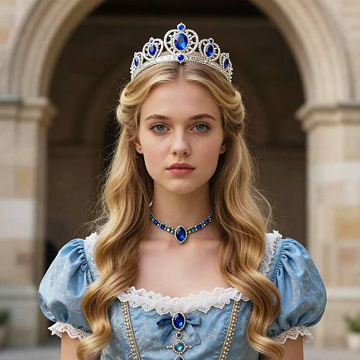 Photograph of a young blonde princess with blue eyes, wearing a silver tiara, blue satin dress with white lace, blue necklace, and blue bow