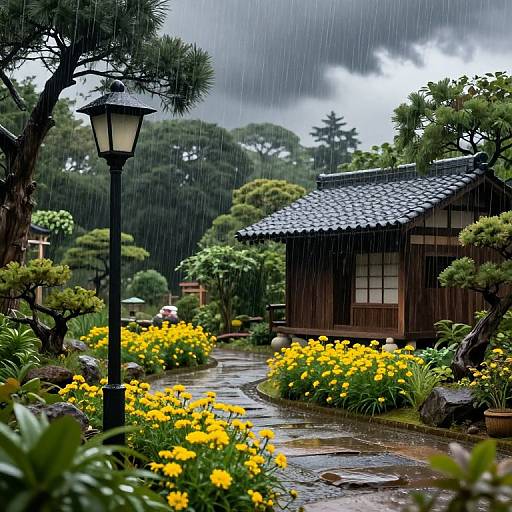 Photograph of a rainy Japanese garden with yellow flowers, traditional wooden house, black lantern, and raindrops on a wet path.
