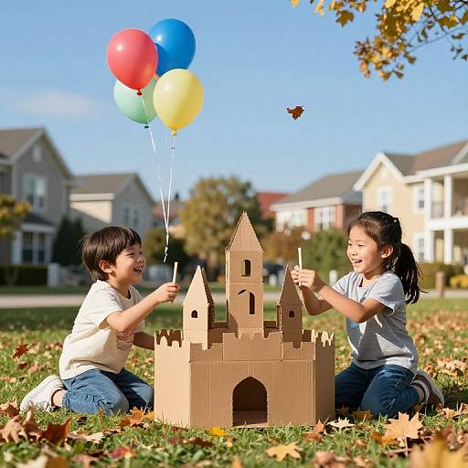Photograph of two Asian children building a cardboard castle on a grassy lawn, holding colorful balloons, with suburban houses and autumn leaves in the background.