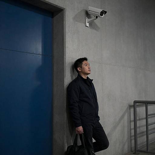 Man Leaning Against Concrete Wall with Security Camera