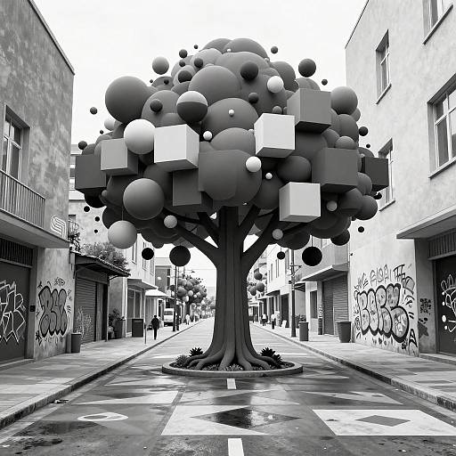 Black-and-white digital artwork: surreal tree with floating 3D cubes in a graffiti-covered urban street, creating a stark, futuristic contrast.