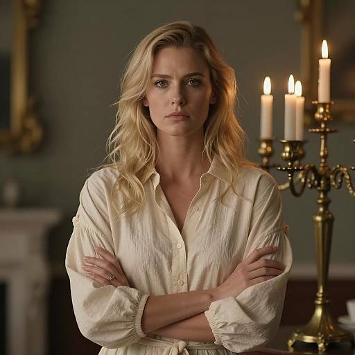 Serious Woman with Candelabrum in Shadows