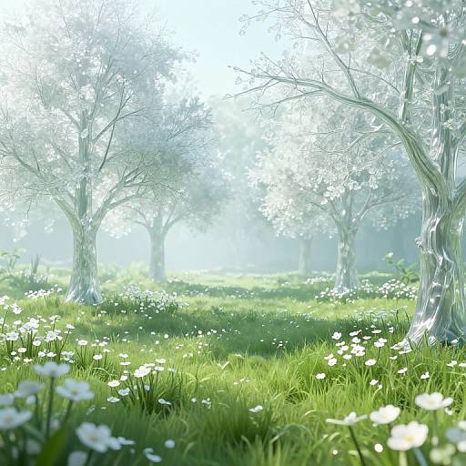 Ethereal 3D Meadow with Crystalline Trees