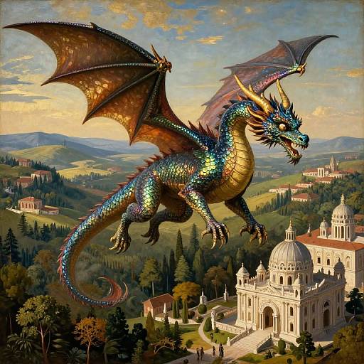 Digital painting of a vibrant, iridescent dragon soaring above a scenic, sunlit European town with a domed cathedral in the foreground.