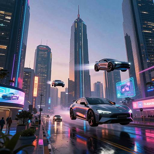 Neon-lit futuristic cityscape at dusk, featuring flying cars, sleek skyscrapers, and vibrant streetlights. Raindrops reflect colorful lights on