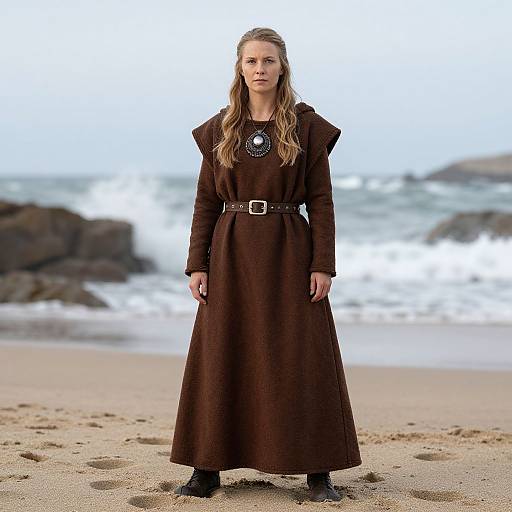 Photograph of a blonde woman in a long brown medieval-style dress with a belt and brooch, standing on a sandy beach with ocean waves in the