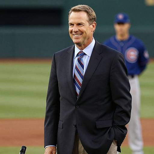 Photograph of middle-aged man with short brown hair, smiling, in black suit, white shirt, and striped tie, standing on baseball field. Bl