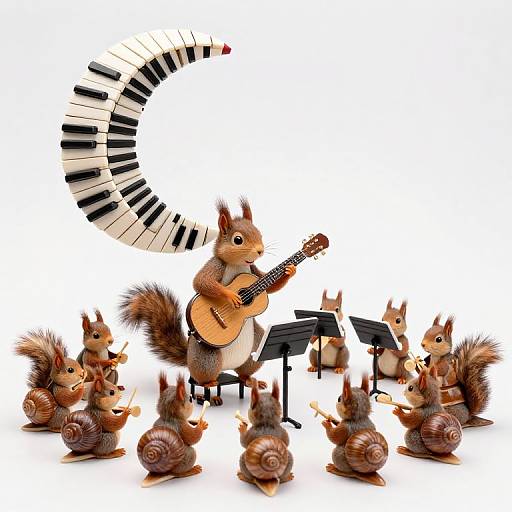 Photograph of an animated, brown squirrel with a guitar, surrounded by smaller squirrels, playing music with a keyboard-shaped tail.