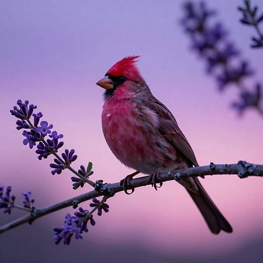 Photograph of a vivid red cardinal with a black mask and crest, perched on a purple lavender branch against a pink and purple sunset sky.