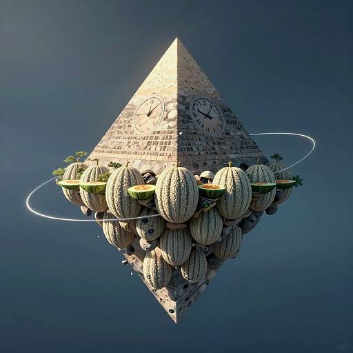 Digital artwork of a pyramid floating in dark blue space, adorned with white gourds and clock faces, surrounded by rings and greenery.