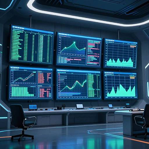 High-tech trading room with neon-lit screens displaying financial charts and data, sleek desks, and black ergonomic chairs, illuminated by blue and white lighting.