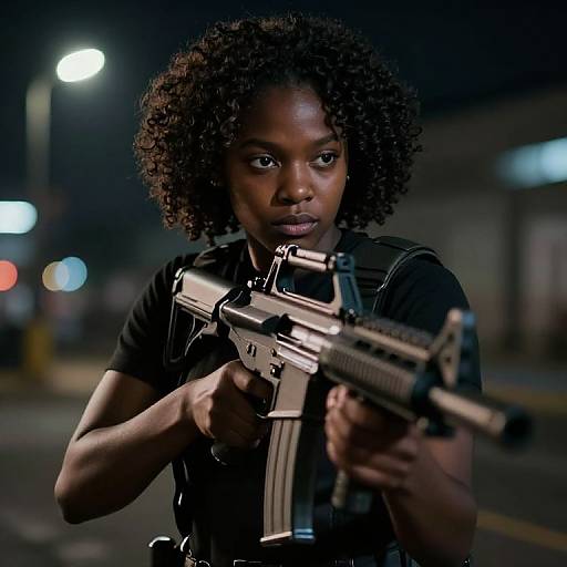 Photograph of a serious Black woman with curly hair, holding a silver assault rifle, wearing a black tactical vest, in a dimly lit urban night