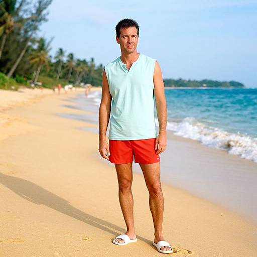 Photograph of a smiling, medium-built man with short black hair, wearing a white sleeveless shirt, red shorts, and white sandals, standing on