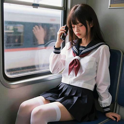 Sleeping Schoolgirl on Snowy Train