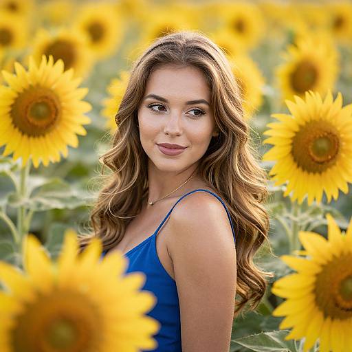 Photograph of a smiling, long-haired brunette woman in a blue tank top, standing amid a vibrant sunflower field. Bright yellow sunflowers fill the