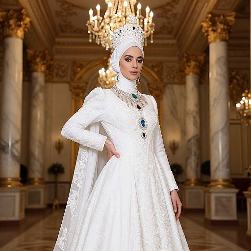 Photograph of a regal woman in an ornate white dress and crown, adorned with jewels, standing in an opulent, chandelier-lit