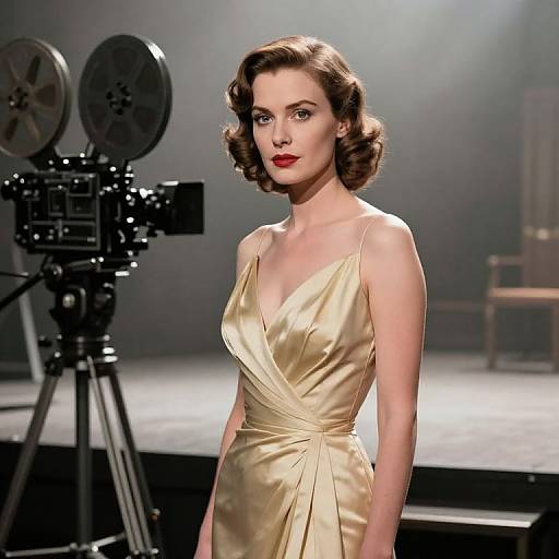 Photograph of a fair-skinned, brunette woman with vintage curled hair, wearing a satin, deep V-neck gold dress, standing in a studio with