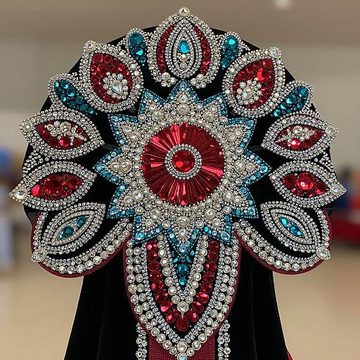 Photograph of an elaborate, ornate, jeweled shoulder piece with a cross-like design in red, blue, and silver, set against a blurred