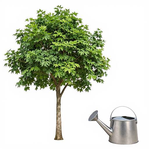Photograph of a lush, green leafy tree with a textured brown trunk, alongside a silver metal watering can with a long spout.