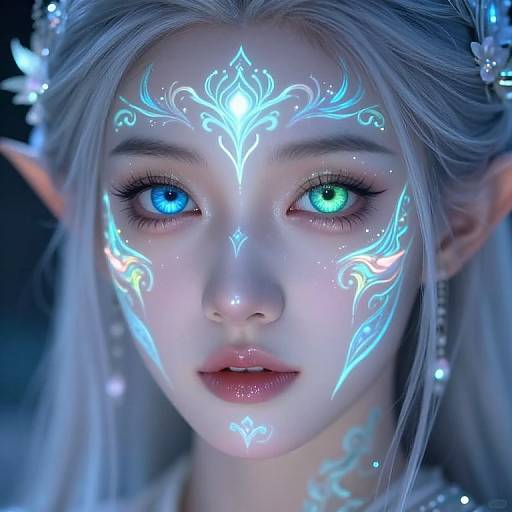 Digital artwork of an elf woman with glowing blue and green eyes, intricate neon blue facial markings, white hair, pointed ears, and a glowing forehead.