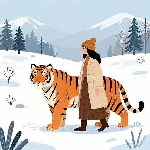 Digital illustration of a bearded man in a beige coat and brown plaid skirt walking a tiger in a snowy forest.