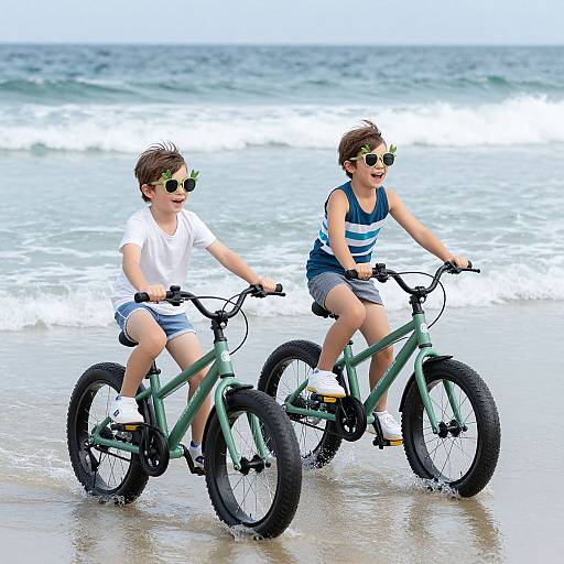 Children Riding Fat-Bike on Ocean