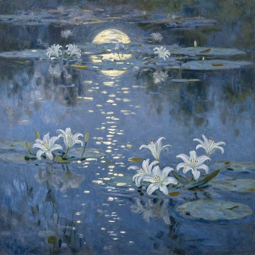 Moonlit Lilies on Calm Pond