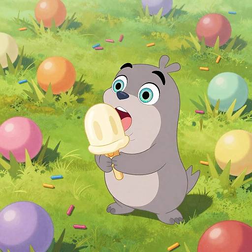 Animated Lemming Holding Ice Cream in Candy Meadow