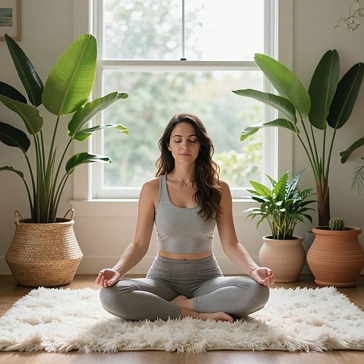 Photograph of a brown-haired woman in gray sports bra and leggings, meditating in lotus position on white fur rug, surrounded by potted plants